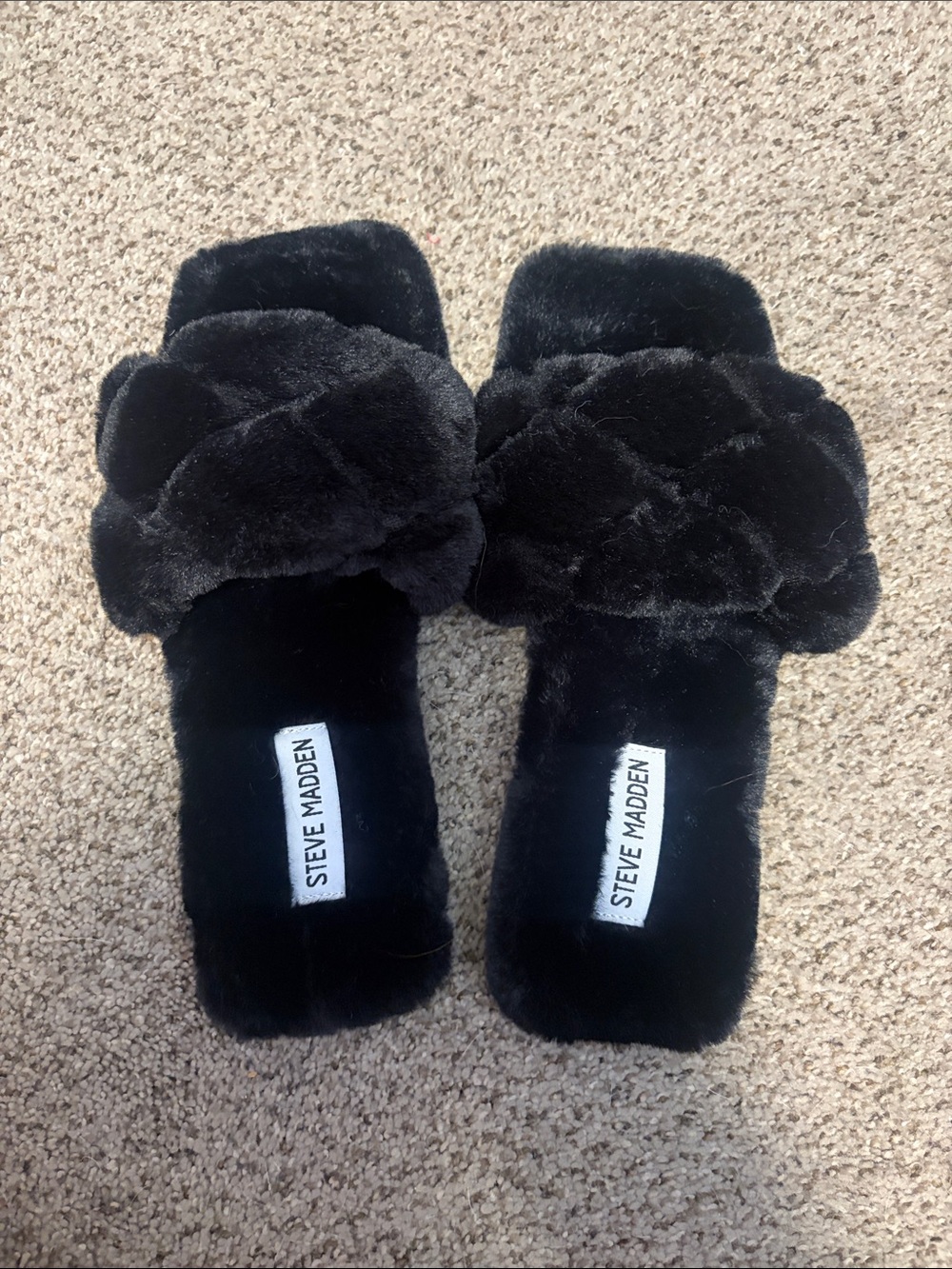 Steve Madden Black Plush Fuzzy Slide Sandals
